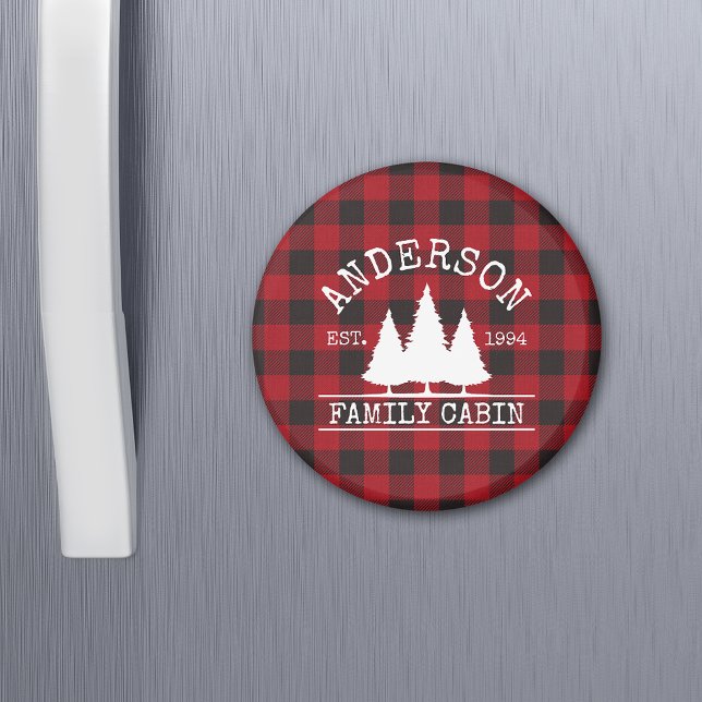 Cabin Family Name Red Buffalo Plaid Magnet (Customize to change text size or text style.)