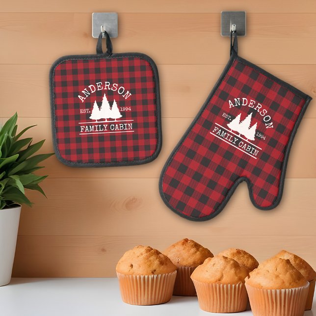 Cabin Family Name Red Buffalo Plaid Oven Mitt & Pot Holder Set (A great addition to your kitchen.)