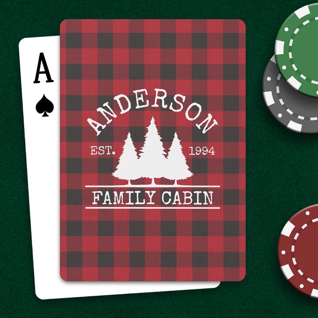 Cabin Family Name Red Buffalo Plaid Playing Cards (Customize to change text size or text style.)