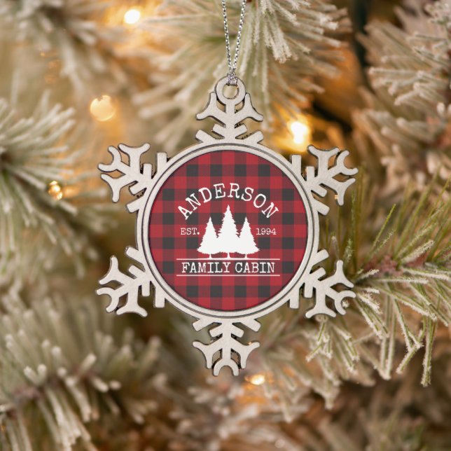 Cabin Family Name Red Buffalo Plaid Snowflake Pewter Christmas Ornament (Tree)