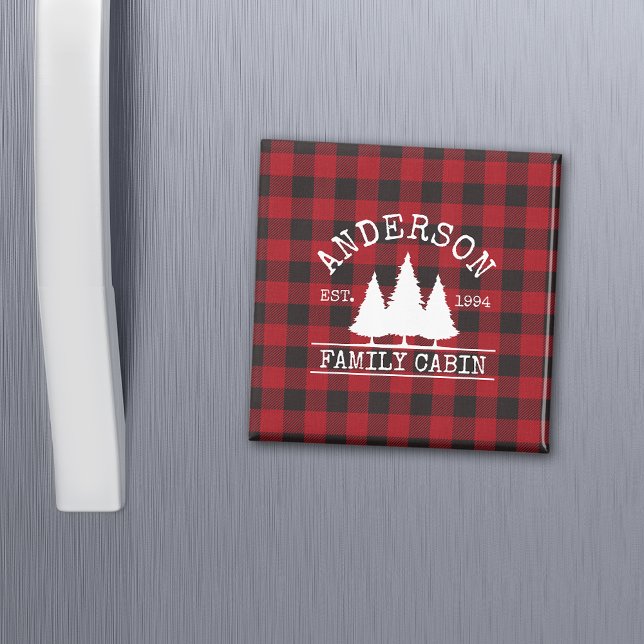 Cabin Family Name Red Buffalo Plaid Square Magnet (Customize to change text size or text style.)