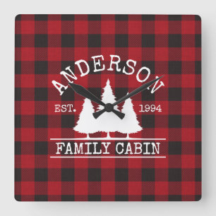 Cabin Family Name Red Buffalo Plaid Square Wall Clock