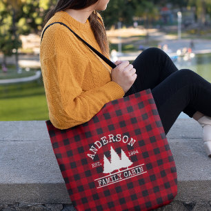 Cabin Family Name Red Buffalo Plaid Tote Bag