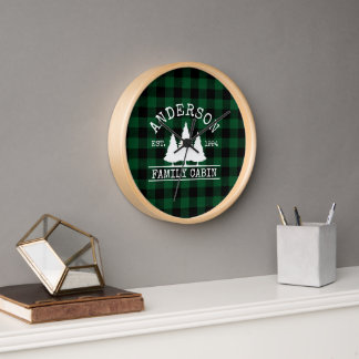 Cabin Family Name Rustic Green Buffalo Plaid Clock