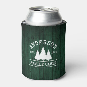 Cabin Family Name Rustic Green Wood Forest Can Cooler