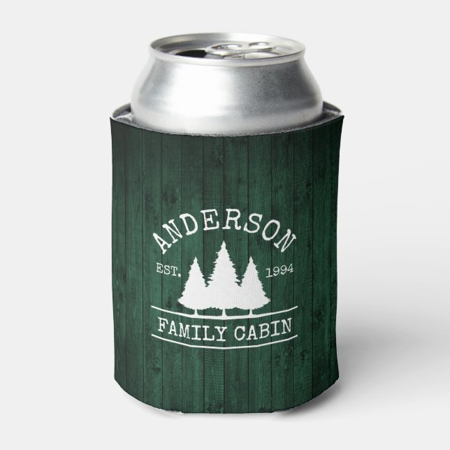 Cabin Family Name Rustic Green Wood Forest  Can Cooler (Can Front)