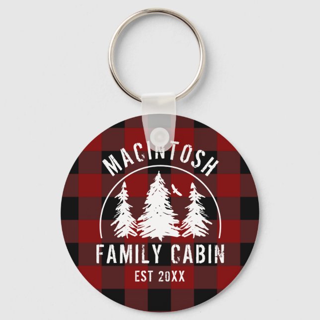 Cabin Family Name Rustic Red Buffalo Plaid Key Ring (Front)