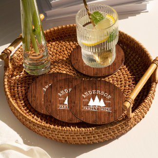 Cabin Family Name Rustic Wood Forest Round Paper Coaster