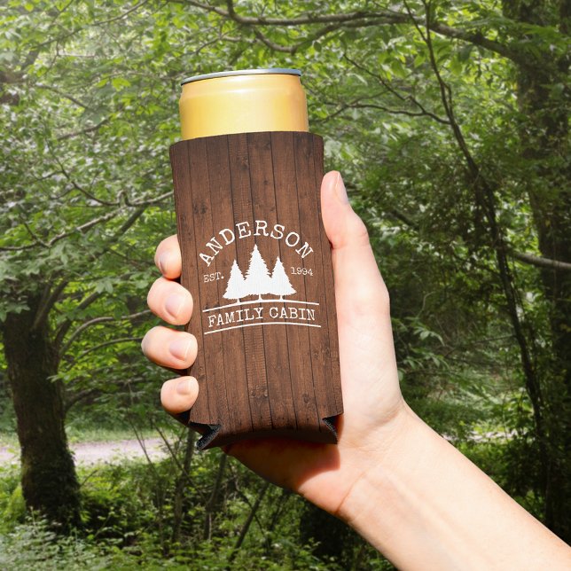 Cabin Family Name Rustic Wood Forest Seltzer Can Cooler (Customize to change text size or text style.)
