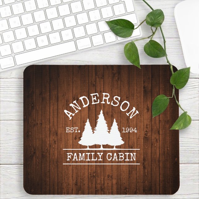 Cabin Family Name Rustic Wood Print Mouse Pad (Customize to change text size or text style.)