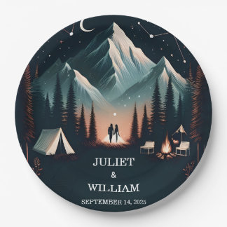 Cabin Forest Wood Sky Tree Fire Camping Wedding Paper Plate