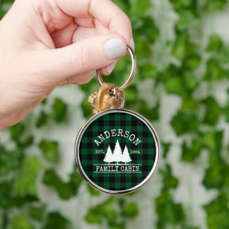 Cabin Green Buffalo Plaid Family Name Key Ring
