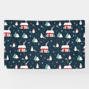  Cabin House and Snowmen Art Pattern Banner