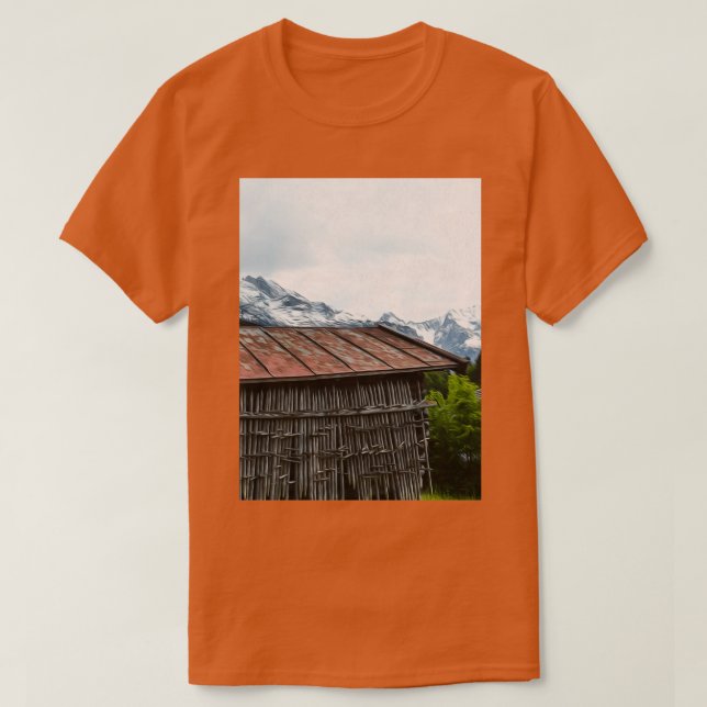 Cabin Hut Wood Landscape Nature Mountains  T-Shirt (Design Front)