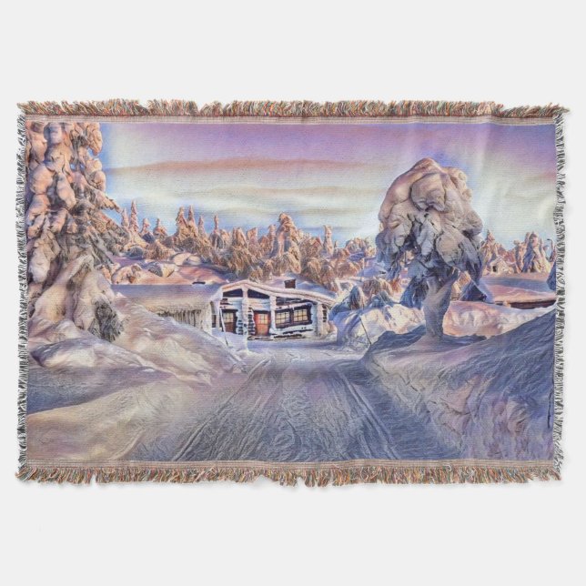 Cabin in a colourful winter scenery watercolor  throw blanket (Front)
