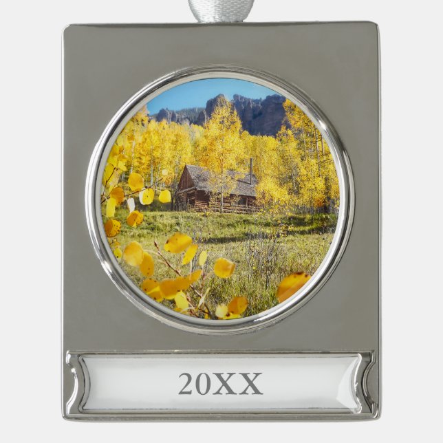 Cabin in Aspens Silver Plated Banner Ornament (Front)