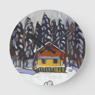 Cabin In Snow Round Clock