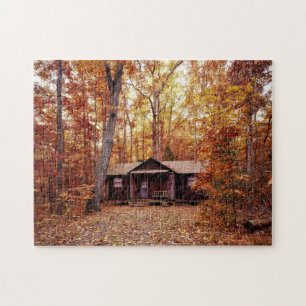 Cabin in the Fall Colored Woods Jigsaw Puzzle