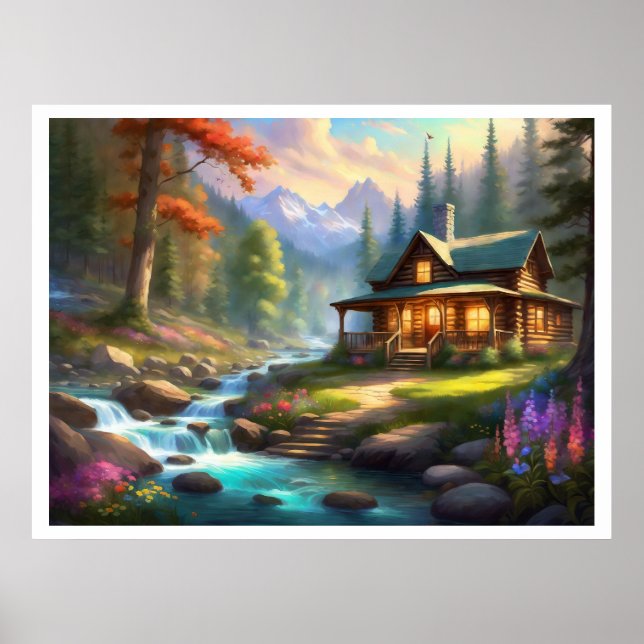 Cabin In The Mountains Stream Wildflowers Light On Poster (Front)