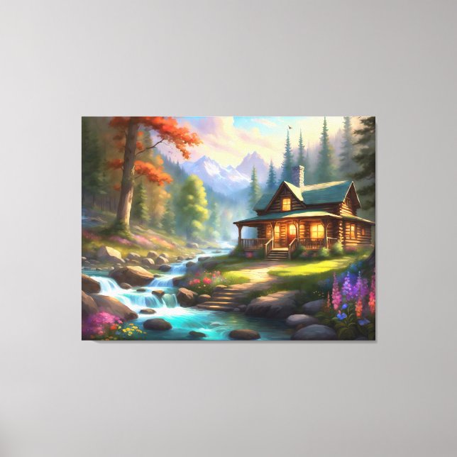 Cabin in the Rocky Mountains Stream Wildflowers Canvas Print (Front)
