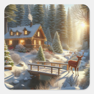Cabin in the Snow Filled Woods with Deer Square Sticker