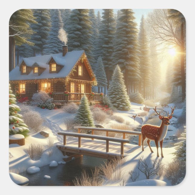 Cabin in the Snow Filled Woods with Deer Square Sticker (Front)