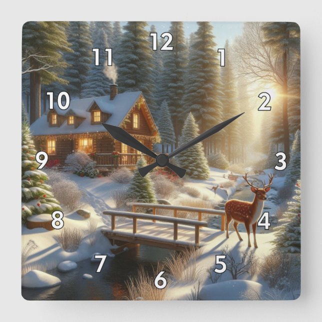Cabin in the Snow Filled Woods with Deer Square Wall Clock (Front)