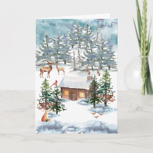 "Cabin in the Snow" Watercolor Art Christmas Holiday Card (Front)