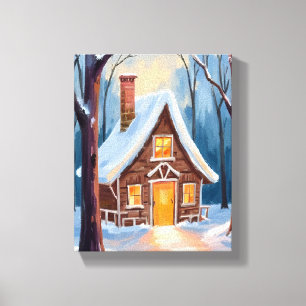 Cabin in the Snowy Winter Woods Christmas Canvas Print