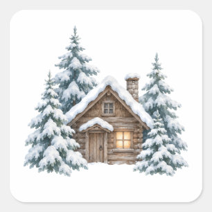 Cabin in the Snowy Woods Square Sticker