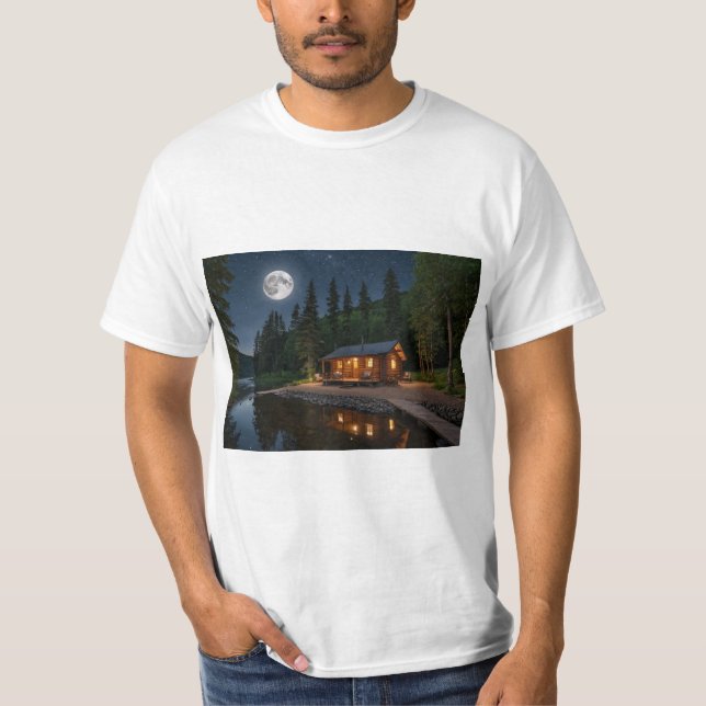 Cabin in the woods at night T-Shirt (Front)