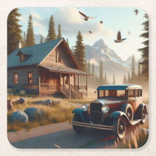 Cabin in the Woods with an Antique Automobile Square Paper Coaster