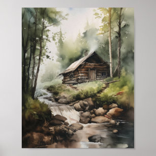 Cabin In The Woods With The Water Stream Poster