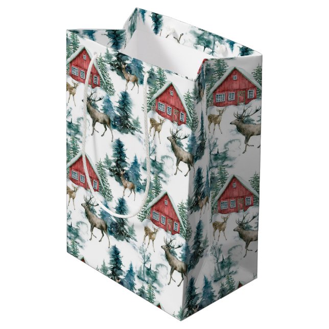 Cabin in woods with deer and snowy trees medium gift bag (Back Angled)
