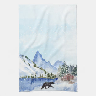 Cabin, Lake, Mountains, Trees, Bear Winter Scene Tea Towel