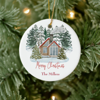 Cabin Merry Christmas Customisable Name Ceramic Tree Decoration