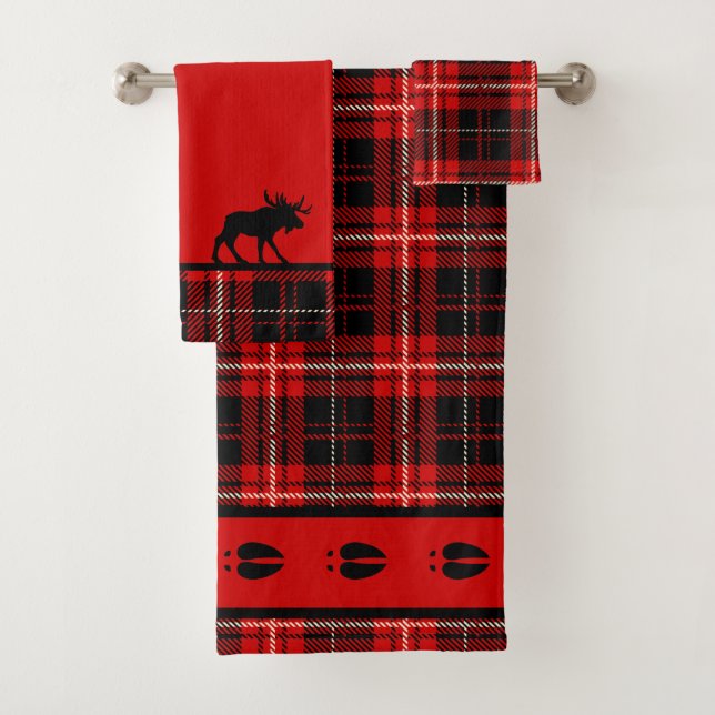 Cabin Moose Red and Black Plaid Bath Towel Set (Insitu)