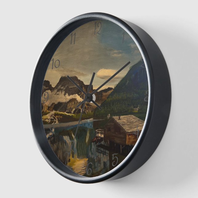 Cabin on Mountain Lake, by Gary Poling Clock (Angle)