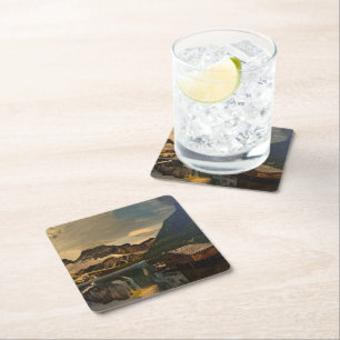 Cabin on Mountain Lake, by Gary Poling Square Paper Coaster