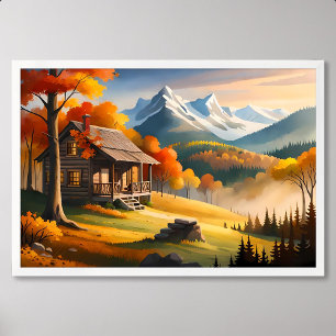 Cabin Painting: Forest Harmony and Snowy Mountain Poster