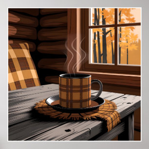 Cabin Plaid Coffee Autumn Forest Rustic Home Art Poster