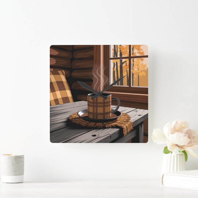 Cabin Plaid Coffee Autumn Forest Rustic Home Art Square Wall Clock (Home)
