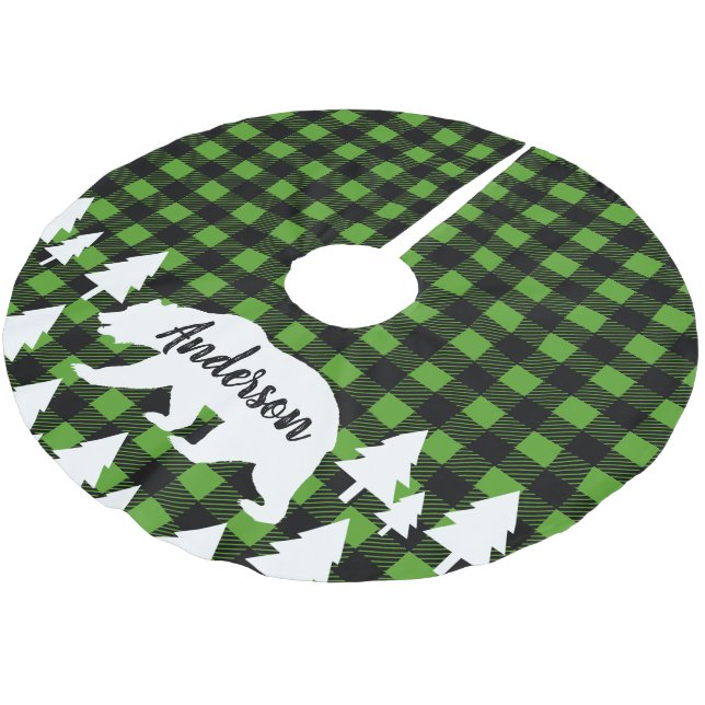 Cabin Rustic Bear Buffalo Check Plaid Family Name Brushed Polyester Tree Skirt (Angled)