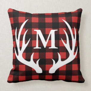 Cabin Rustic Deer Antlers Buffalo Check Plaid Cushion