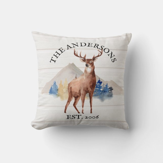 Cabin Rustic Deer White Wood Personalised Mountain Cushion (Front)