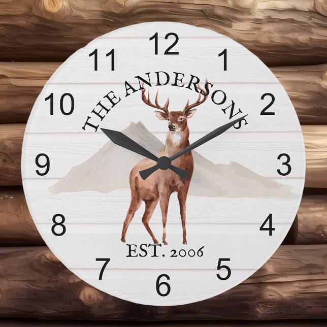 Cabin Rustic Deer  wood Personalised Mountain Large Clock (Creator Uploaded)