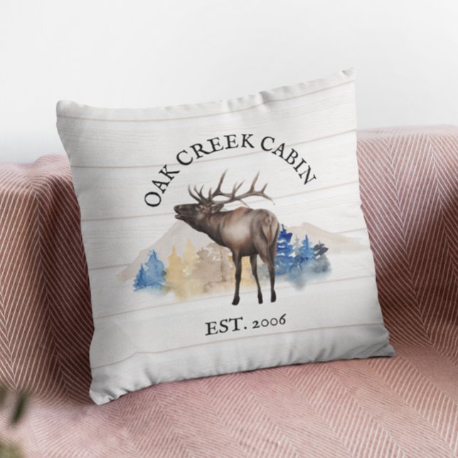 Cabin Rustic Elk White Wood Personalised Mountain Cushion (Creator Uploaded)