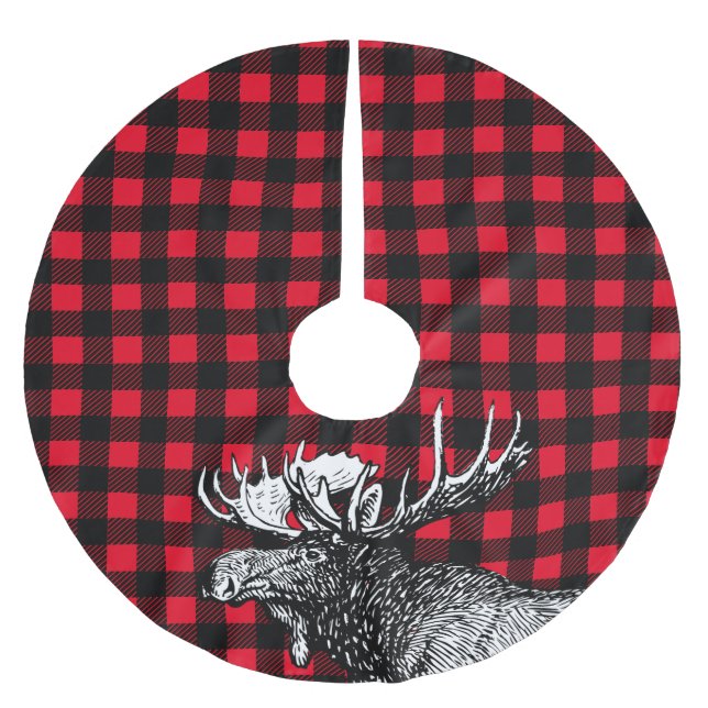 Cabin Rustic Moose Red and Black Plaid Brushed Polyester Tree Skirt (Front)