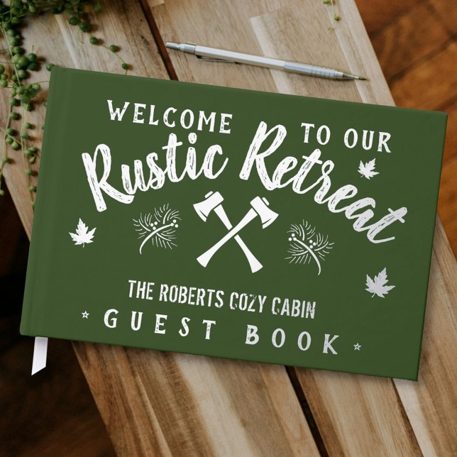 Cabin Rustic Retreat Customised Name Green Silver Guest Book (Creator Uploaded)