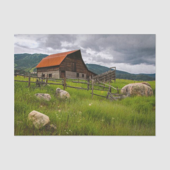 Cabin Snuggled in a Field With Sheep Looking Rocks Tissue Paper (Front)